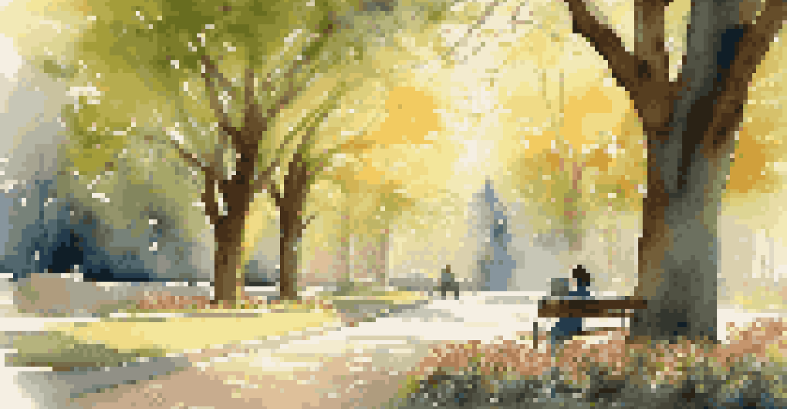 A person working on a laptop in a park, surrounded by flowers and trees during golden hour.