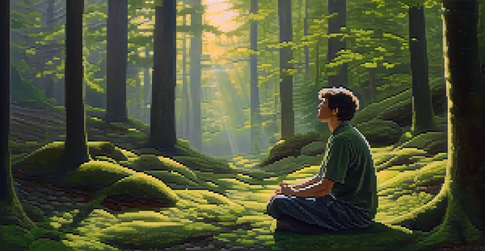 A peaceful forest scene with sunlight filtering through trees, a person meditating on moss, surrounded by nature's tranquility.