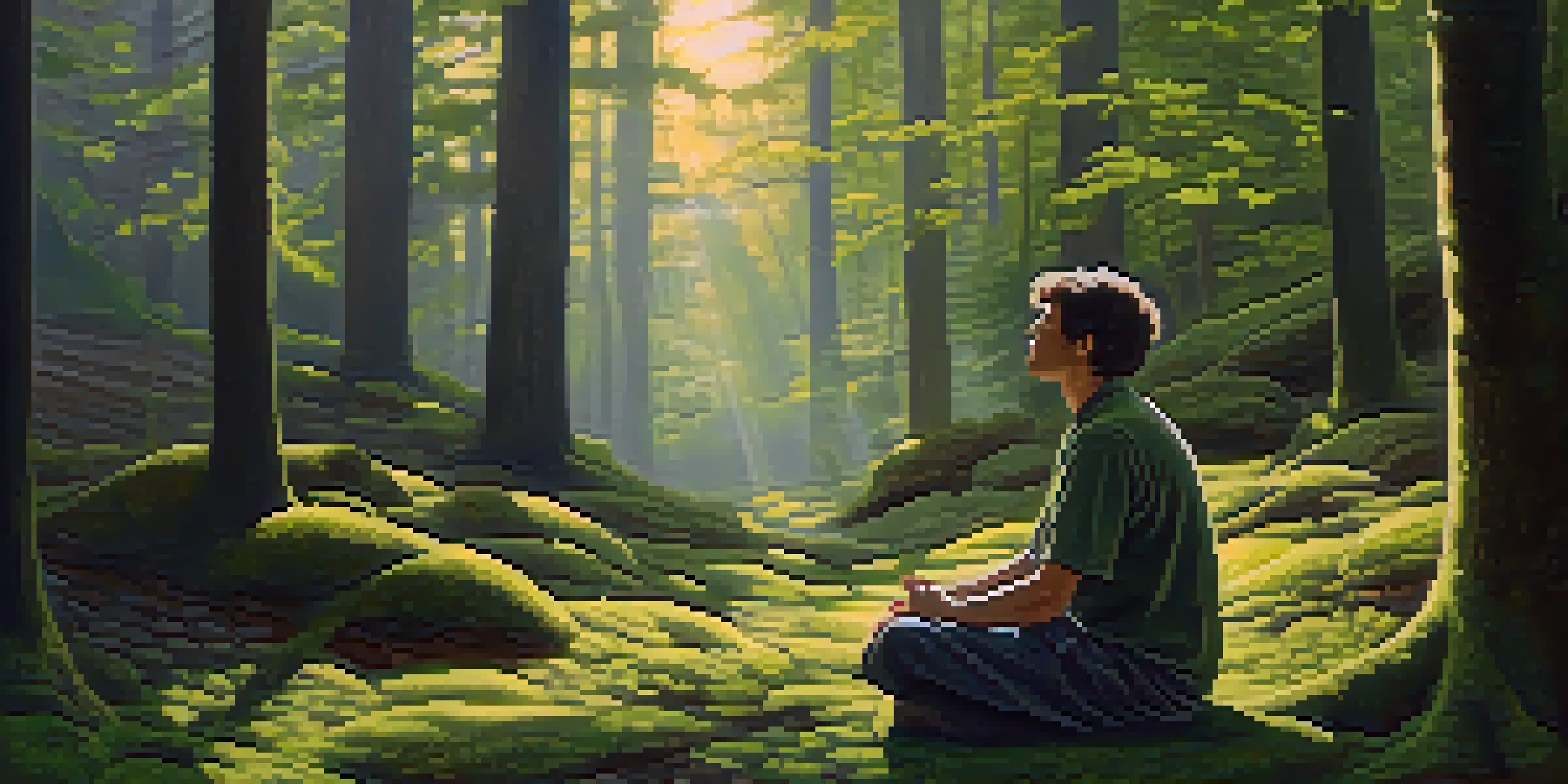A peaceful forest scene with sunlight filtering through trees, a person meditating on moss, surrounded by nature's tranquility.