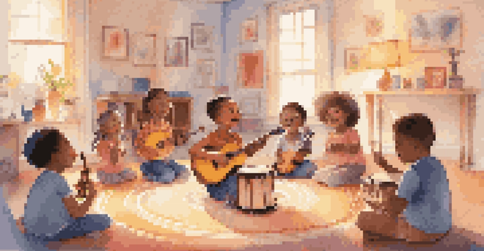 A music therapy session where children are gathered, playing instruments and singing, in a bright and colorful room.