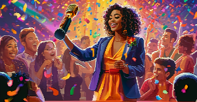 An artist accepting an award on stage surrounded by colorful lights and an enthusiastic audience, with confetti falling around.