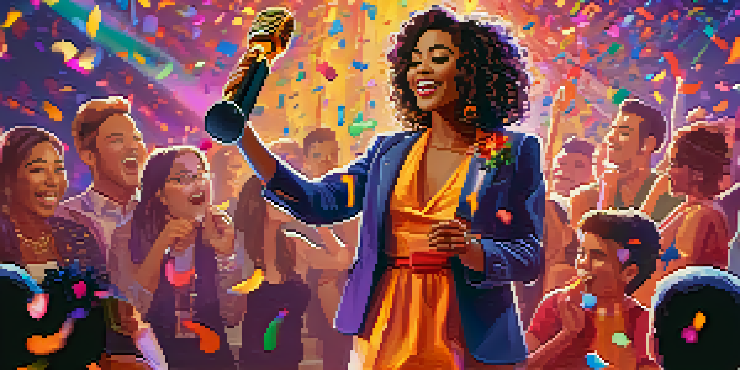 An artist accepting an award on stage surrounded by colorful lights and an enthusiastic audience, with confetti falling around.