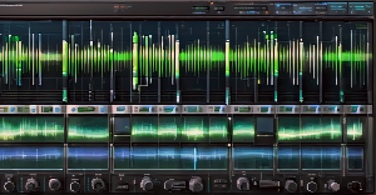 A close-up view of a digital audio workstation screen with waveforms and controls in a darkened room.