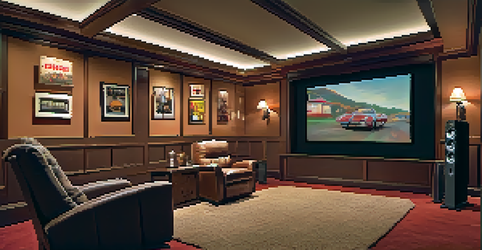 A warm and inviting home theater with a large screen, cozy seating, vintage popcorn maker, and movie posters on the walls.