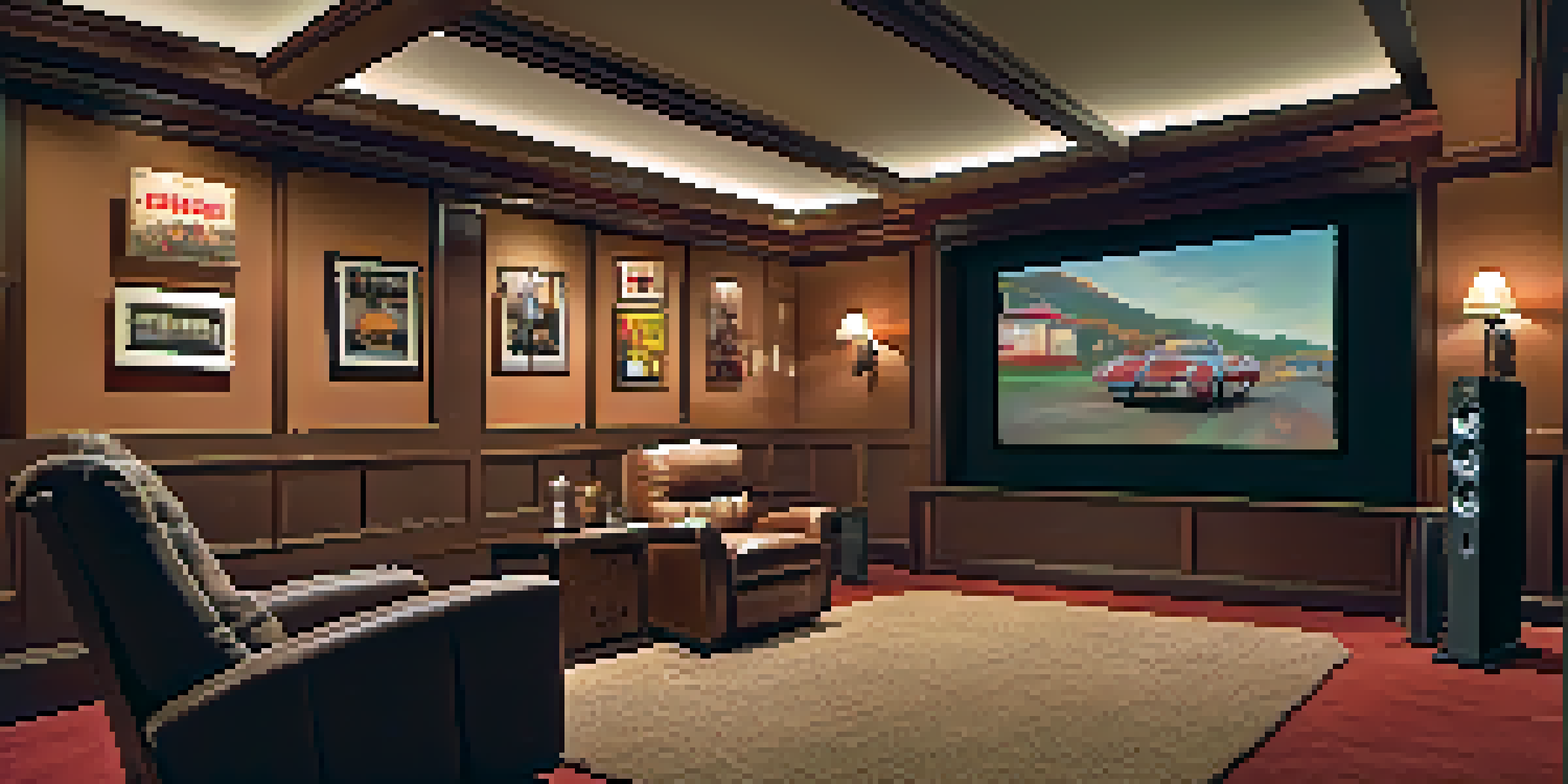 A warm and inviting home theater with a large screen, cozy seating, vintage popcorn maker, and movie posters on the walls.