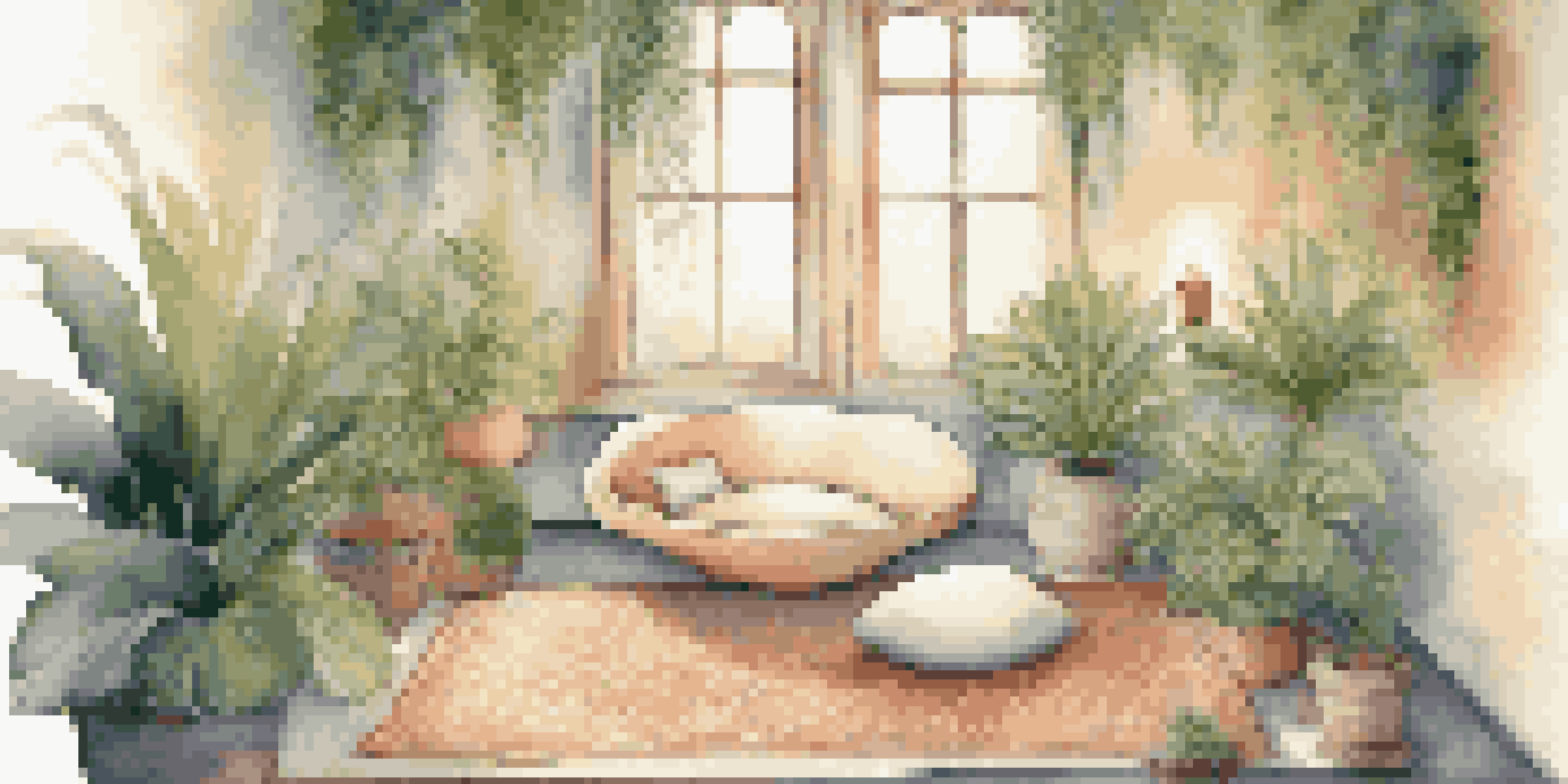 A calming meditation space with soft lighting, a cushion, plants, and candles, with musical notes flowing around.