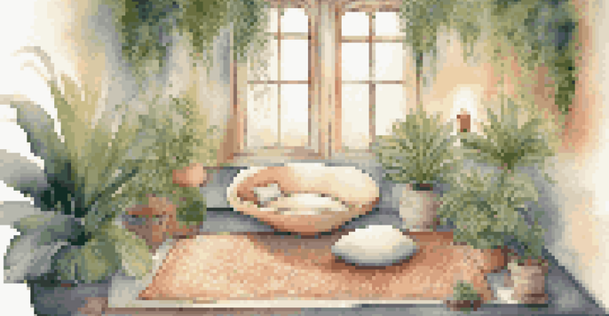 A calming meditation space with soft lighting, a cushion, plants, and candles, with musical notes flowing around.