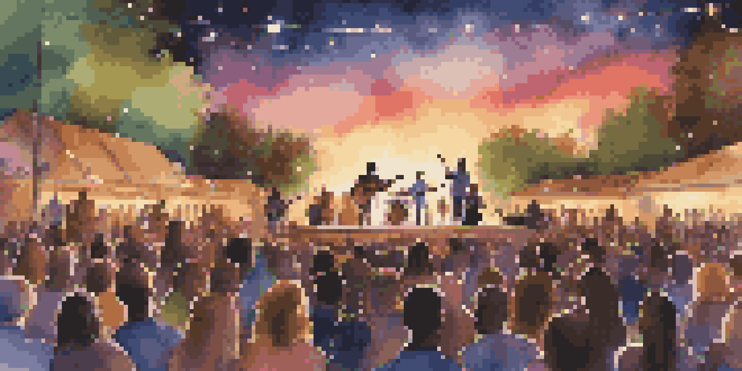 An outdoor concert with diverse musicians on stage, illuminated by colorful lights, with an engaged audience enjoying the performance under a sunset sky.