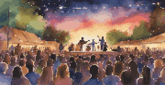 An outdoor concert with diverse musicians on stage, illuminated by colorful lights, with an engaged audience enjoying the performance under a sunset sky.
