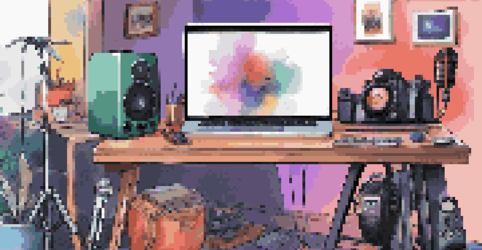 A home studio setup for live streaming with a camera, microphone, and musical instruments in a creative environment.