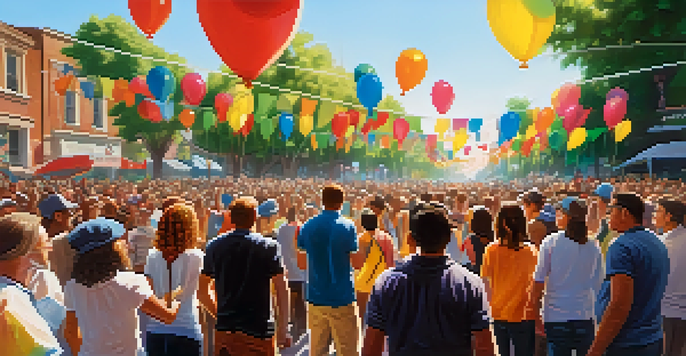 A lively political rally with diverse participants holding banners and singing, illuminated by sunlight filtering through trees.