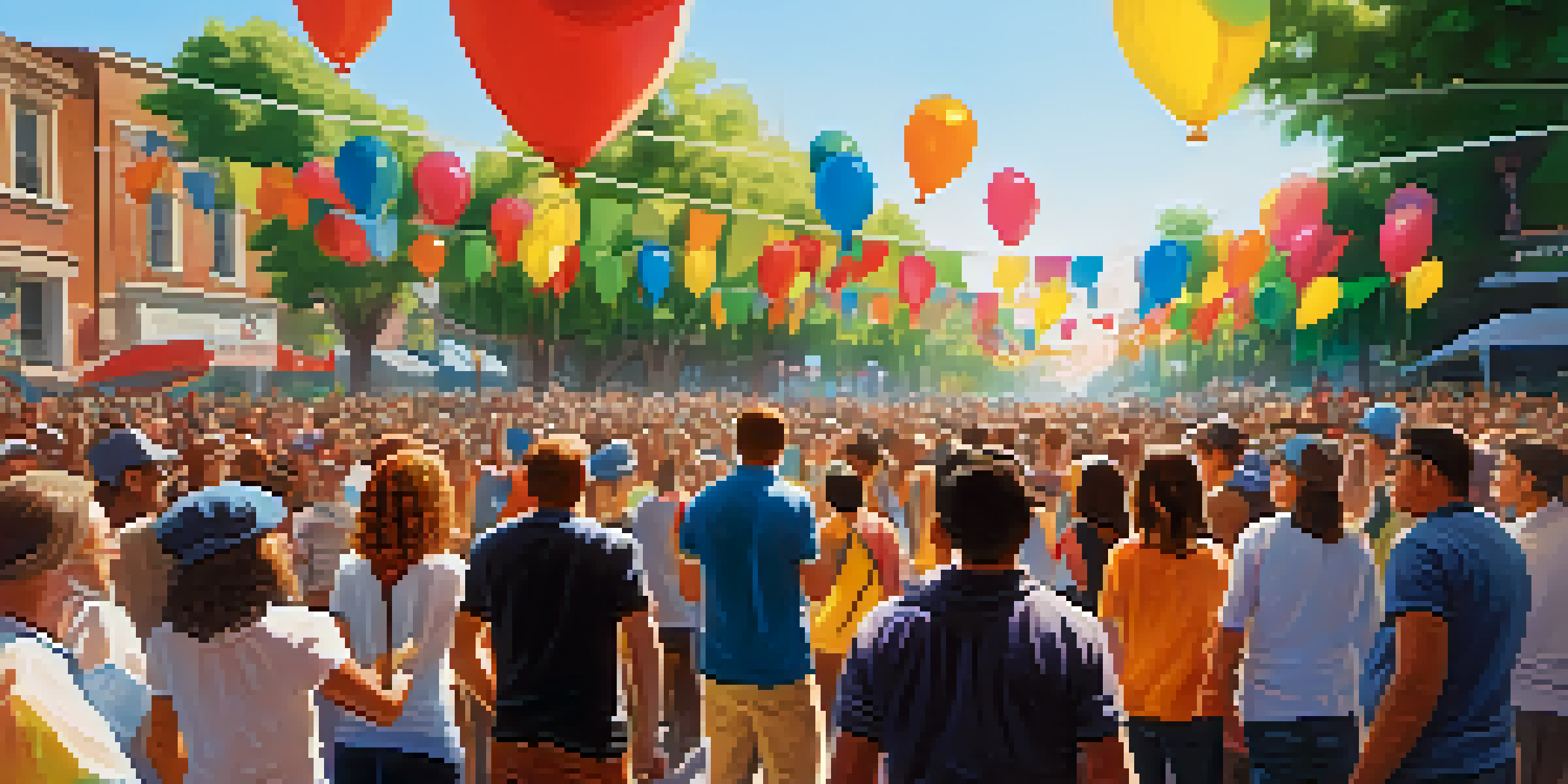 A lively political rally with diverse participants holding banners and singing, illuminated by sunlight filtering through trees.