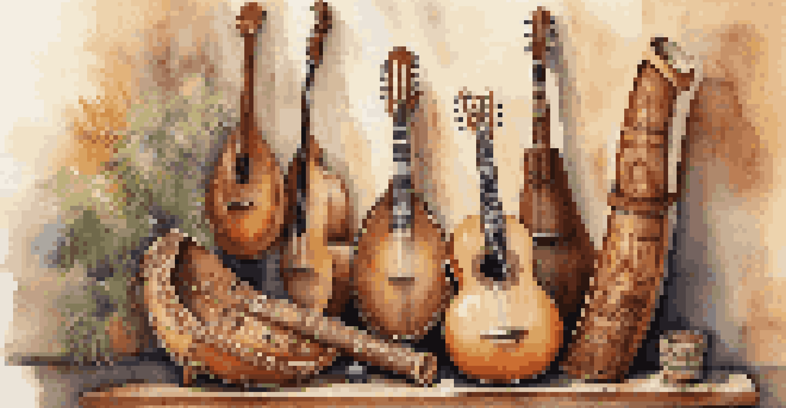 A collection of traditional musical instruments displayed on a wooden surface, illuminated by soft natural light.