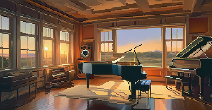 A musician in a cozy music studio, sitting at a grand piano with vintage instruments and a sunset visible through a window.