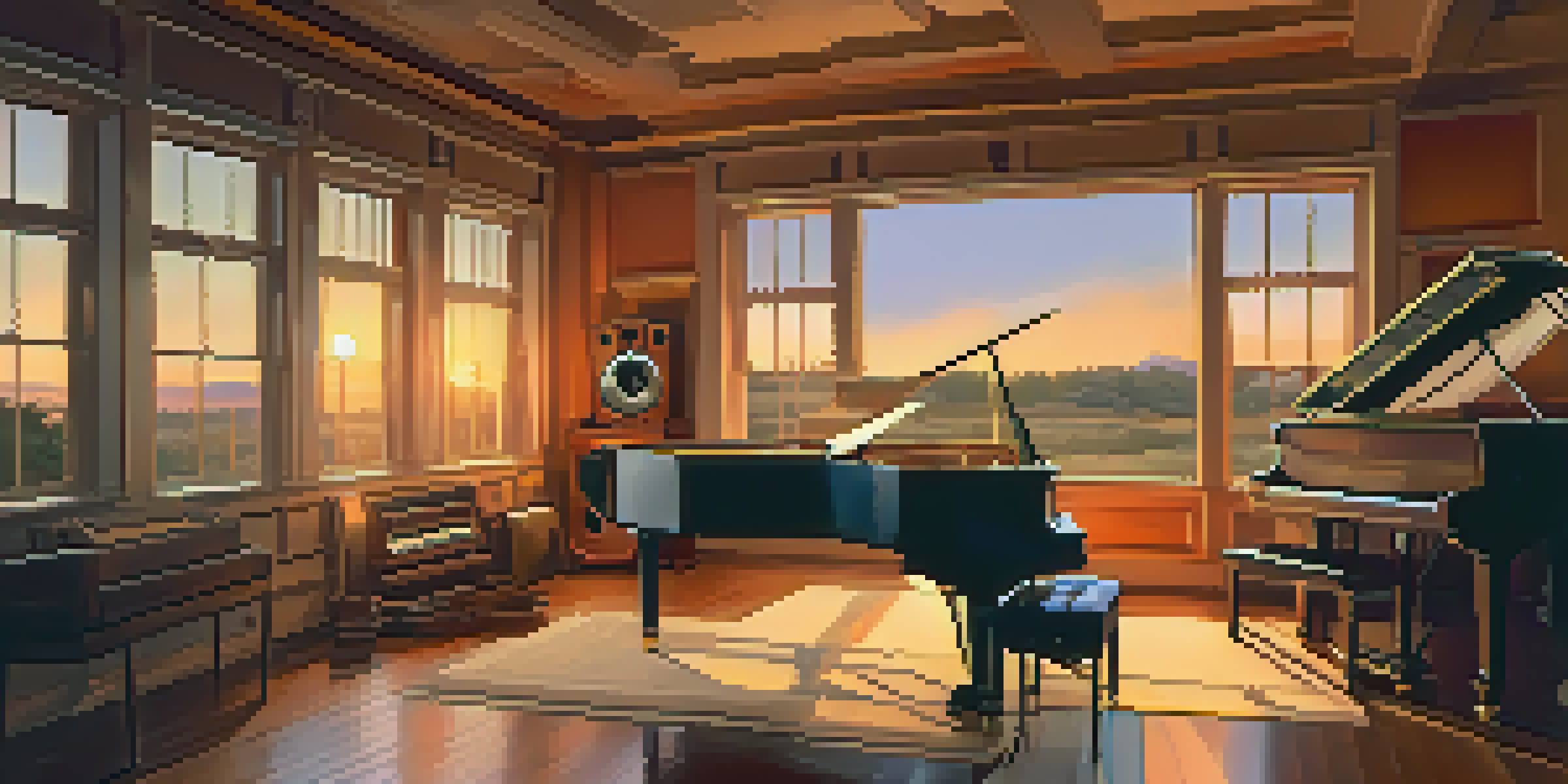 A musician in a cozy music studio, sitting at a grand piano with vintage instruments and a sunset visible through a window.