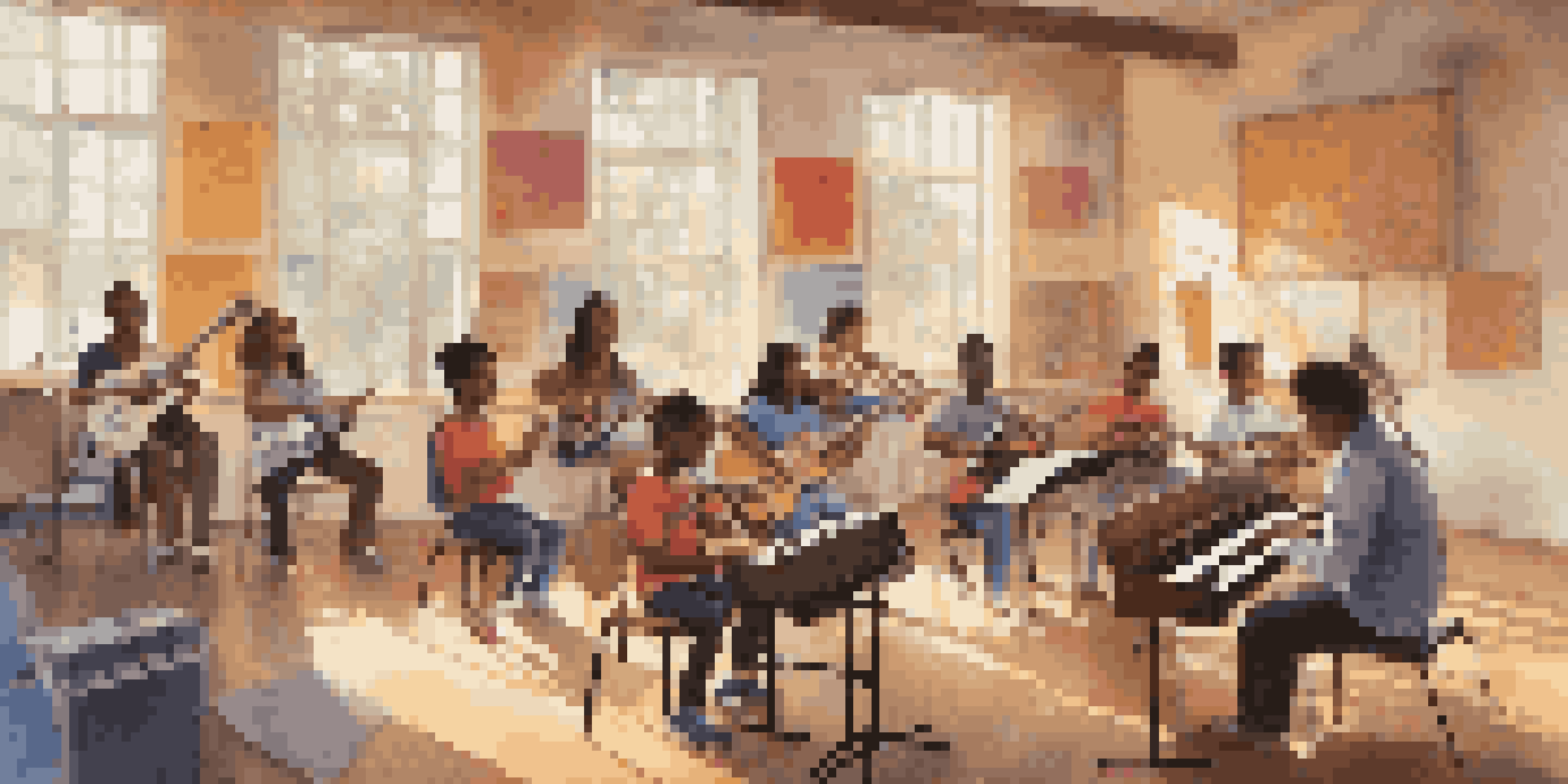 A lively classroom filled with diverse students participating in a music education program, surrounded by various musical instruments and colorful decorations.