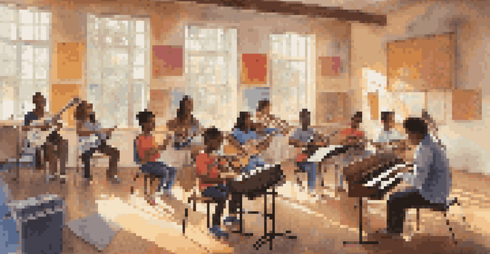 A lively classroom filled with diverse students participating in a music education program, surrounded by various musical instruments and colorful decorations.