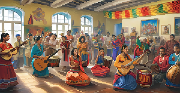 A group of refugees enjoying a music and dance workshop in a community center, dressed in colorful costumes and playing instruments.