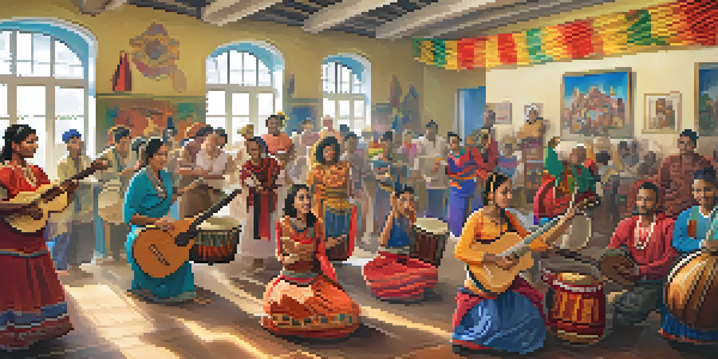 A group of refugees enjoying a music and dance workshop in a community center, dressed in colorful costumes and playing instruments.