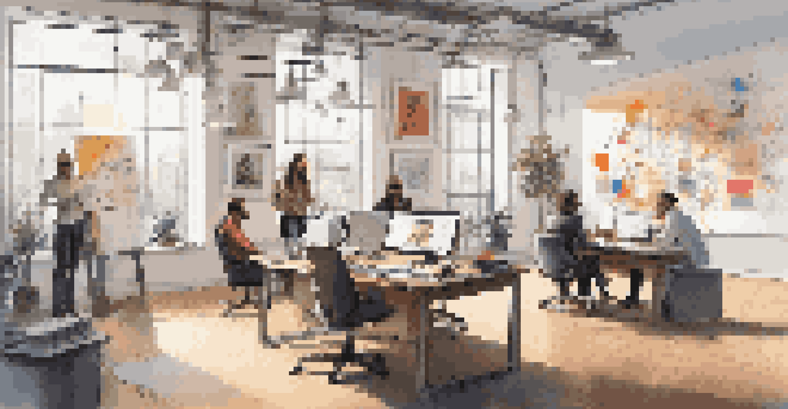 A creative team brainstorming ideas in a well-lit workspace decorated with posters of iconic musicians and filled with colorful notes and sketches.