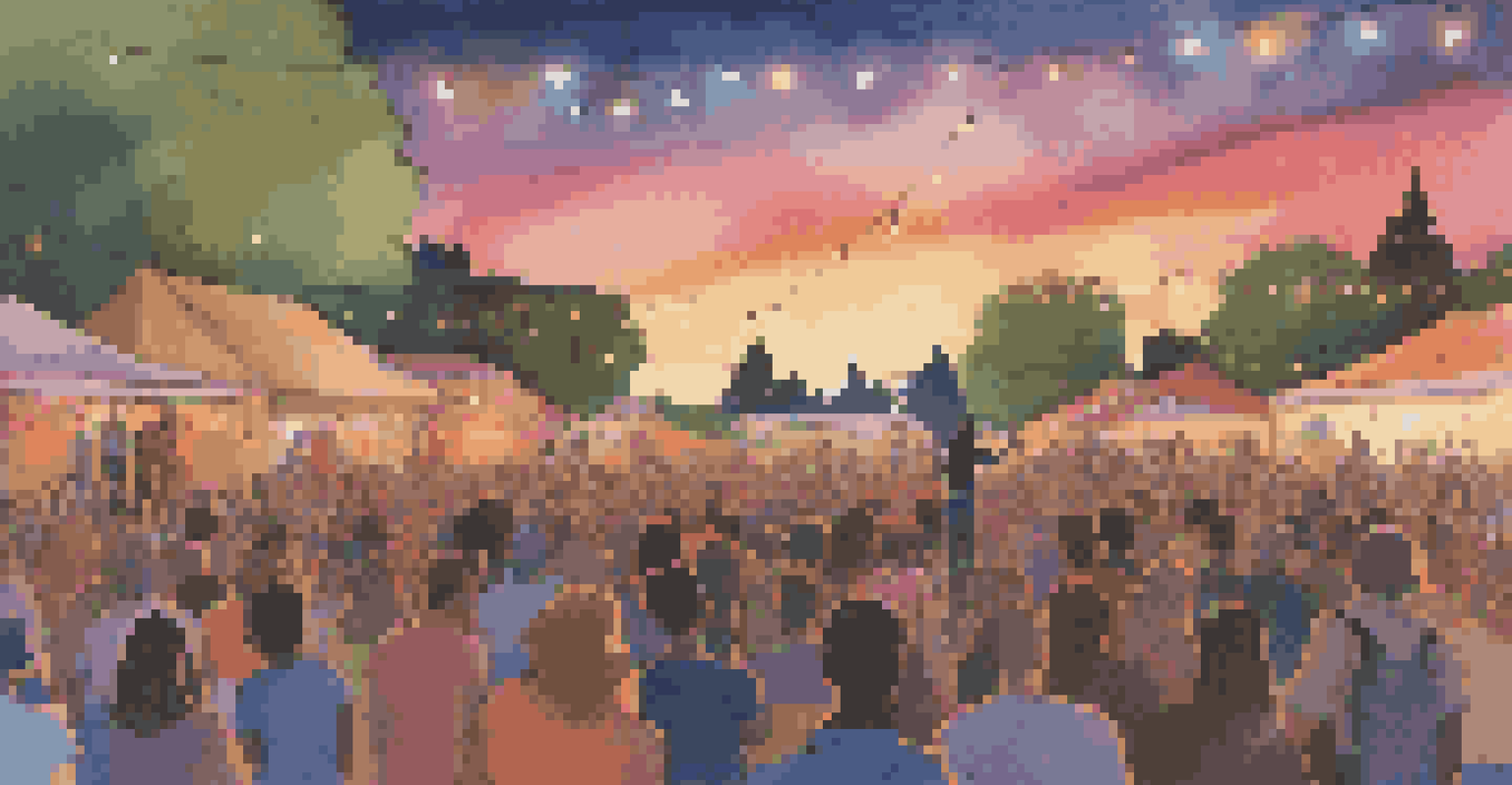 A music supervisor at an outdoor festival, taking notes while enjoying a live performance with a lively crowd.