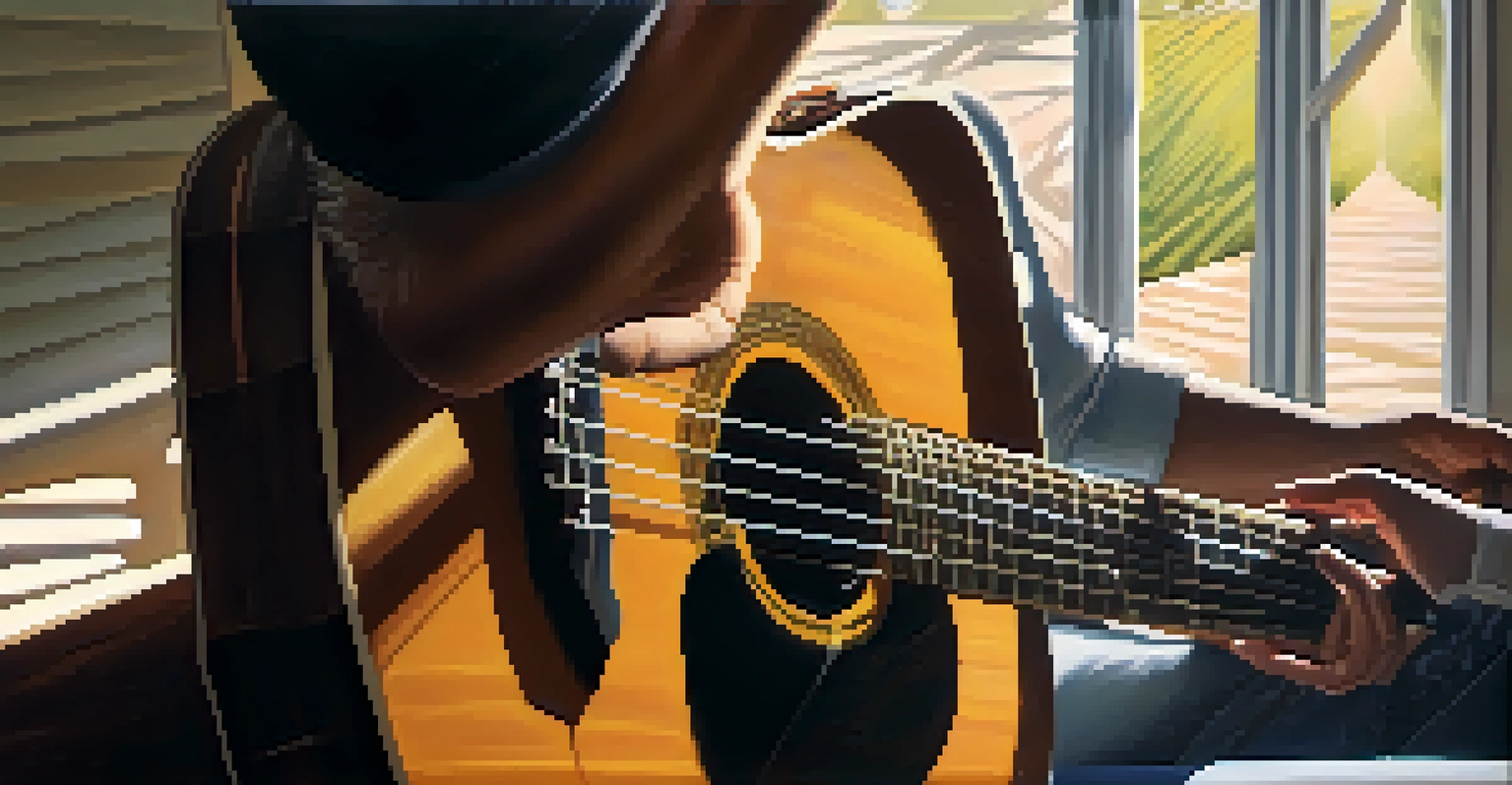 Close-up of a hand strumming a guitar, with sunlight creating soft shadows and a blurred background of musical notes and nature.