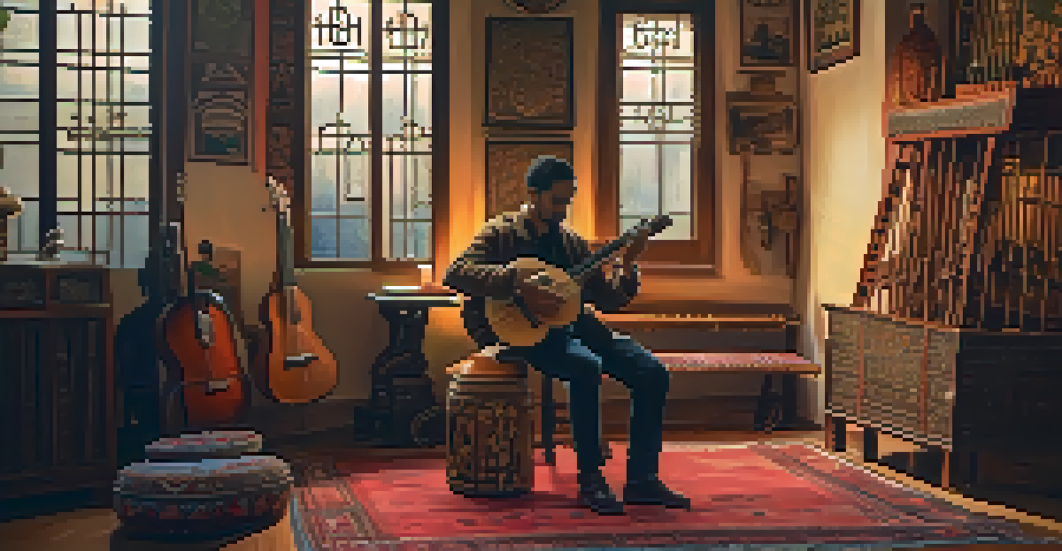 A musician playing a traditional instrument in a cozy room filled with cultural artifacts, illuminated by soft lighting.