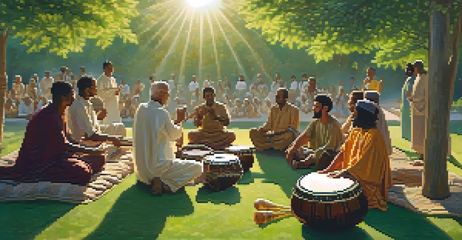 A diverse group of people playing traditional instruments in a spiritual outdoor ceremony surrounded by nature.