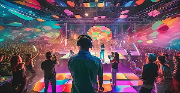 A musician on stage with colorful visual effects, surrounded by an engaged audience using smartphones.