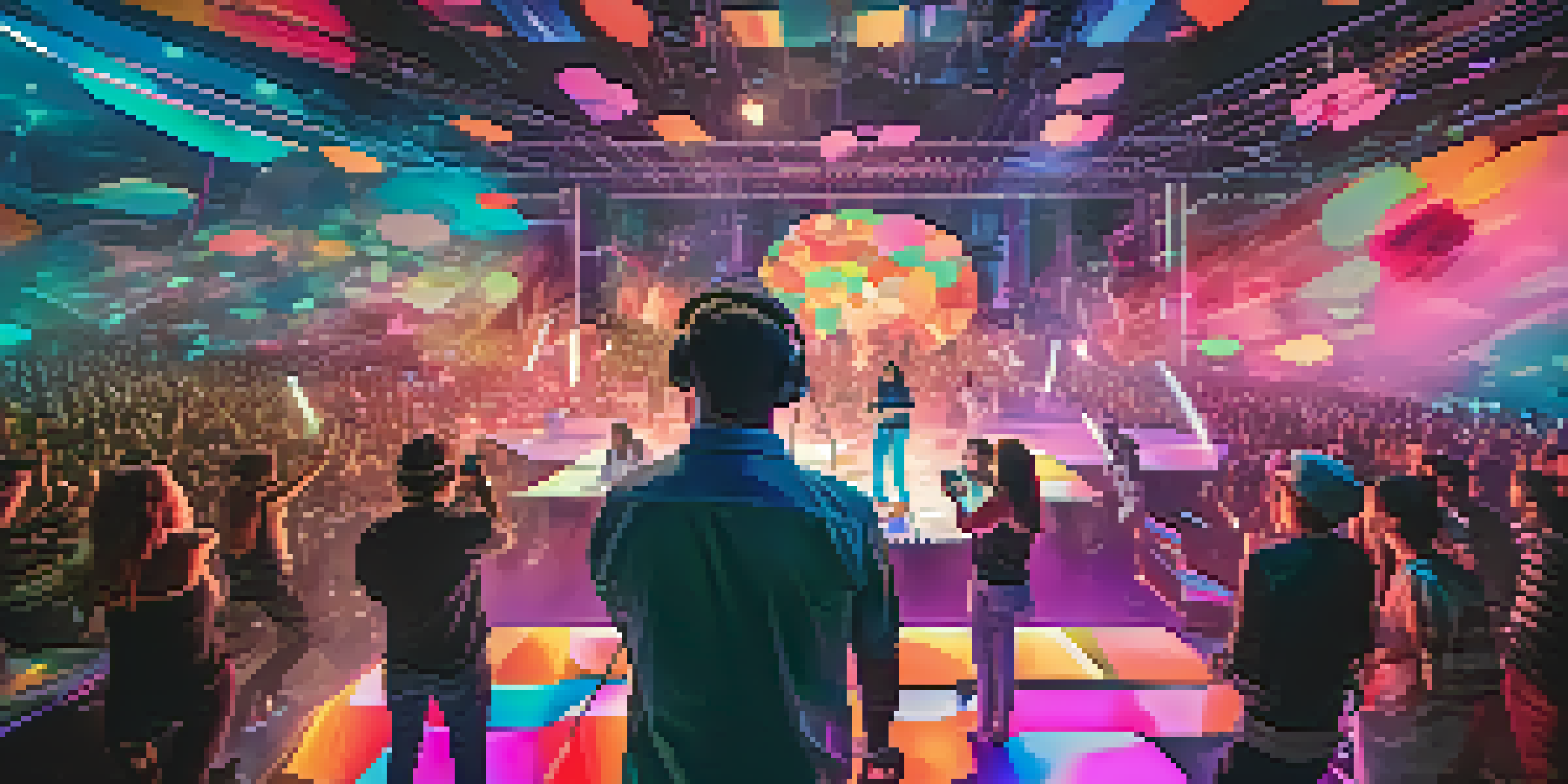 A musician on stage with colorful visual effects, surrounded by an engaged audience using smartphones.