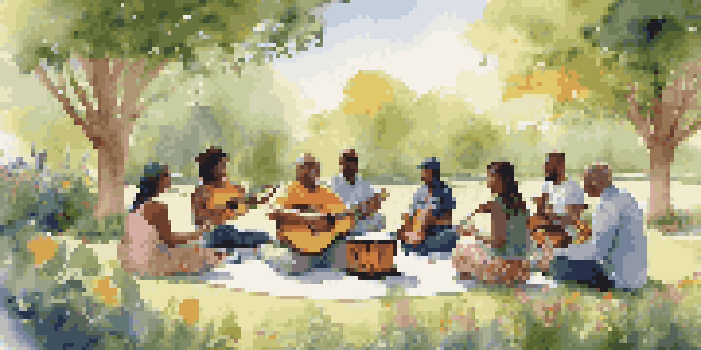 A diverse group of people playing instruments in a community music therapy session outdoors, surrounded by greenery and flowers.