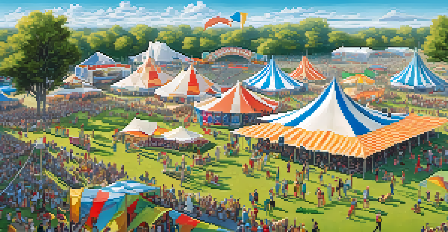 Aerial view of a bustling music festival ground filled with tents, food stalls, and a lively crowd enjoying various activities.