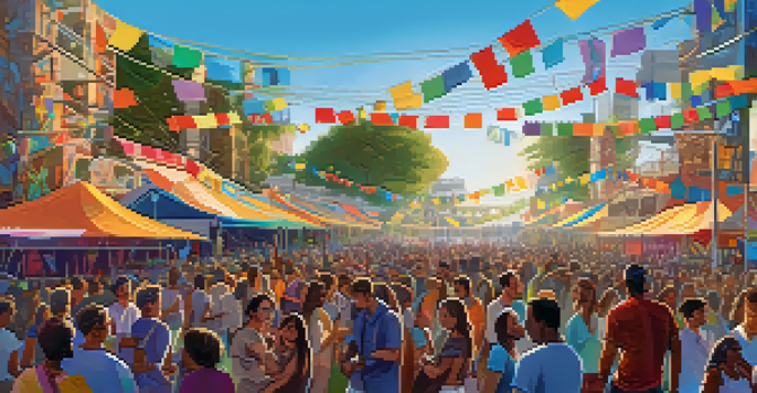 A lively outdoor music festival with a diverse crowd, solar-powered lights, eco-friendly decorations, and organic food stalls under a clear blue sky.