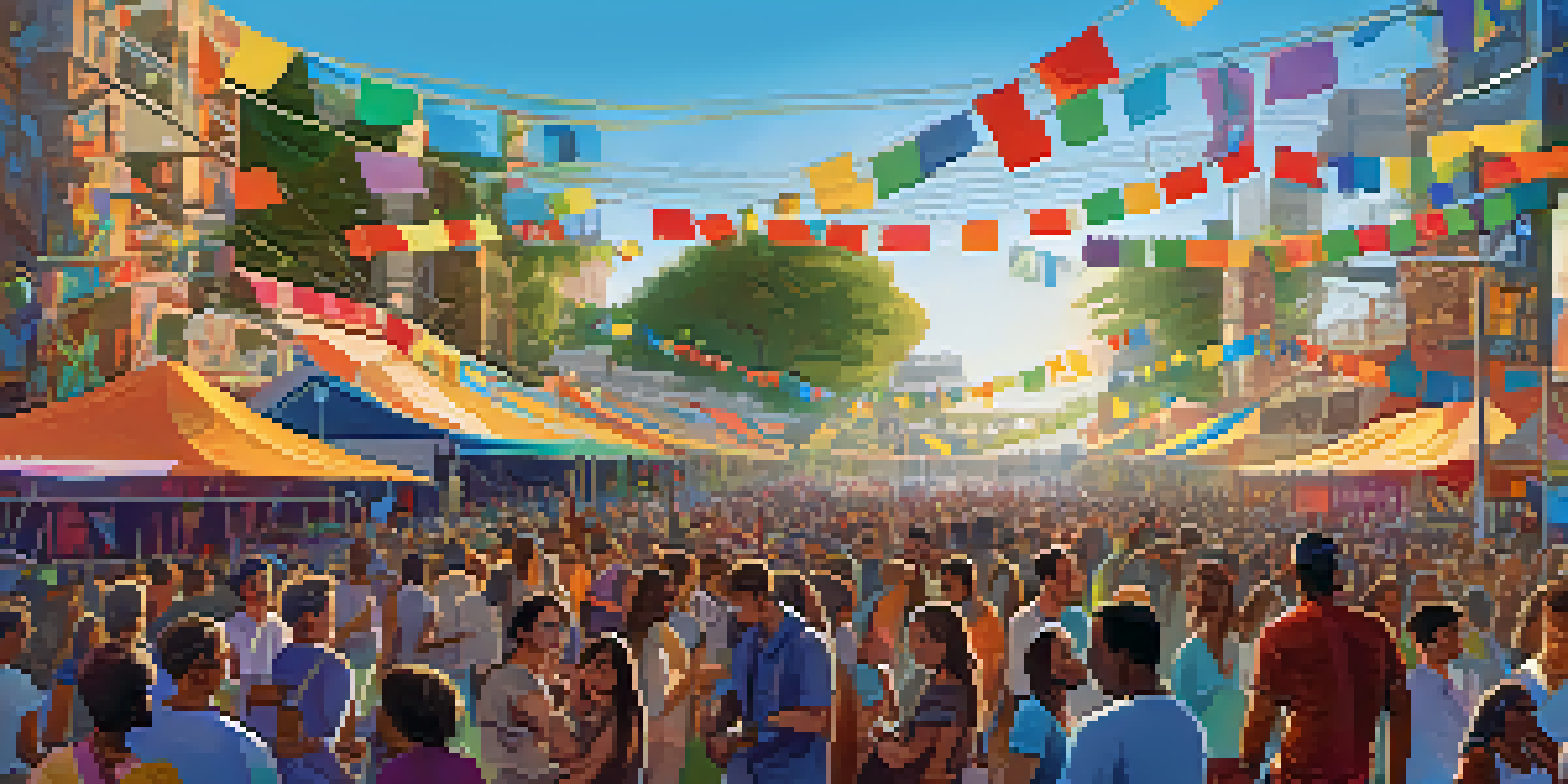 A lively outdoor music festival with a diverse crowd, solar-powered lights, eco-friendly decorations, and organic food stalls under a clear blue sky.