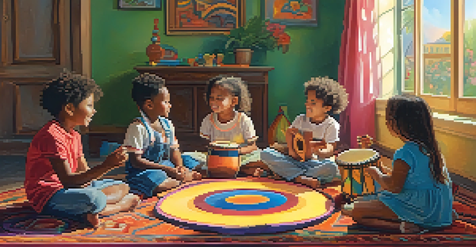 Children playing with musical instruments in a bright and cheerful room.