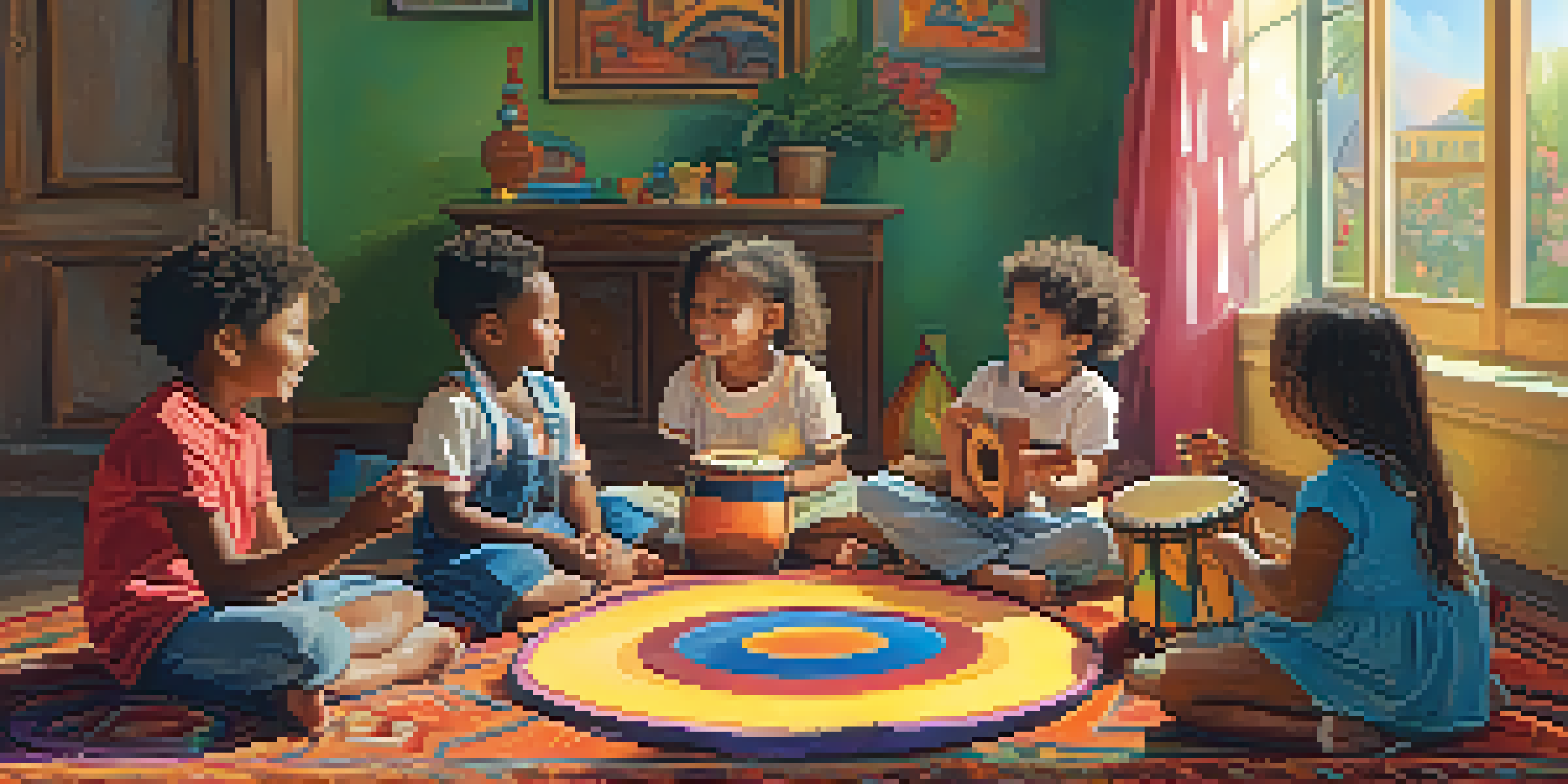 Children playing with musical instruments in a bright and cheerful room.