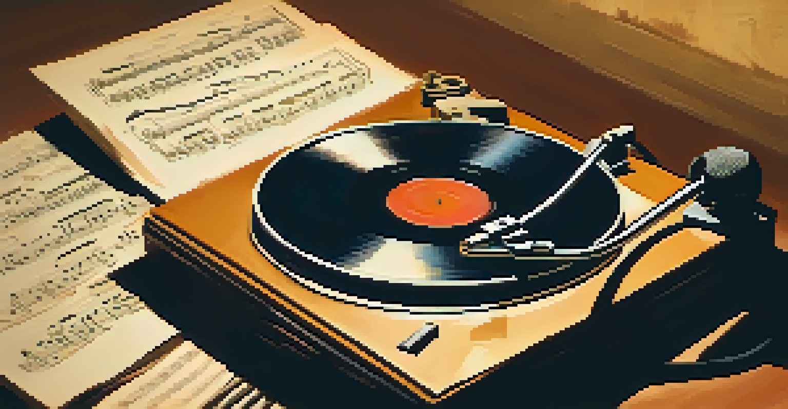 A vintage record player with a vinyl record, sheet music, and a microphone, set in a warmly lit atmosphere.