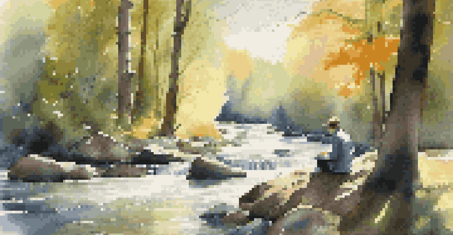 A musician sitting by a river in a forest, writing lyrics in a notebook with sunlight filtering through the trees.