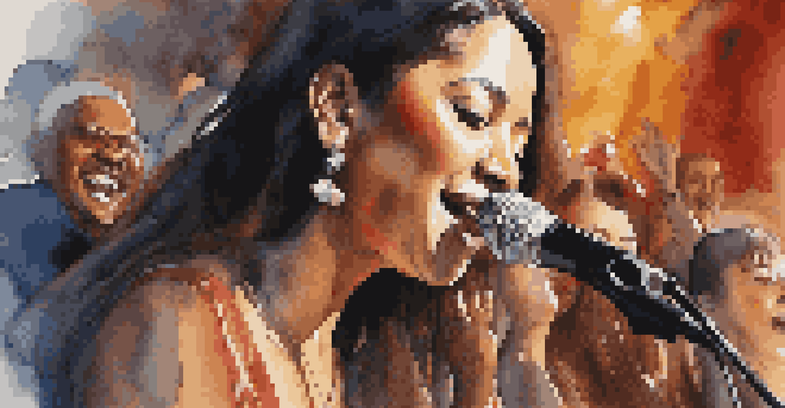 A female musician performing on stage with a spotlight on her, surrounded by fellow musicians and a cheering audience.