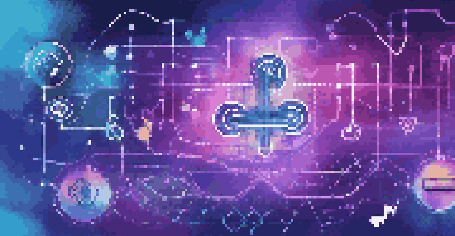 A glowing blockchain chain intertwined with musical notes, set against a gradient background of blues and purples, representing music licensing innovation.
