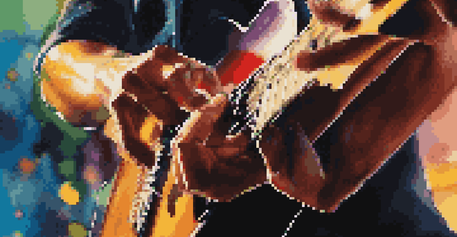 A close-up of a musician's hands skillfully playing a guitar, with colorful stage lights in the blurred background.
