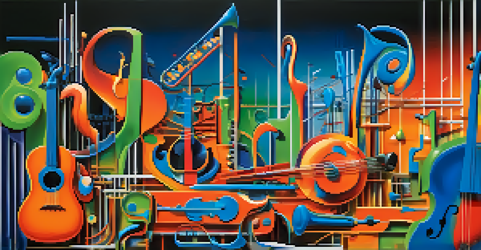 An abstract collage of musical notes, instruments, and sound waves in vibrant colors, symbolizing the fusion of genres in music.
