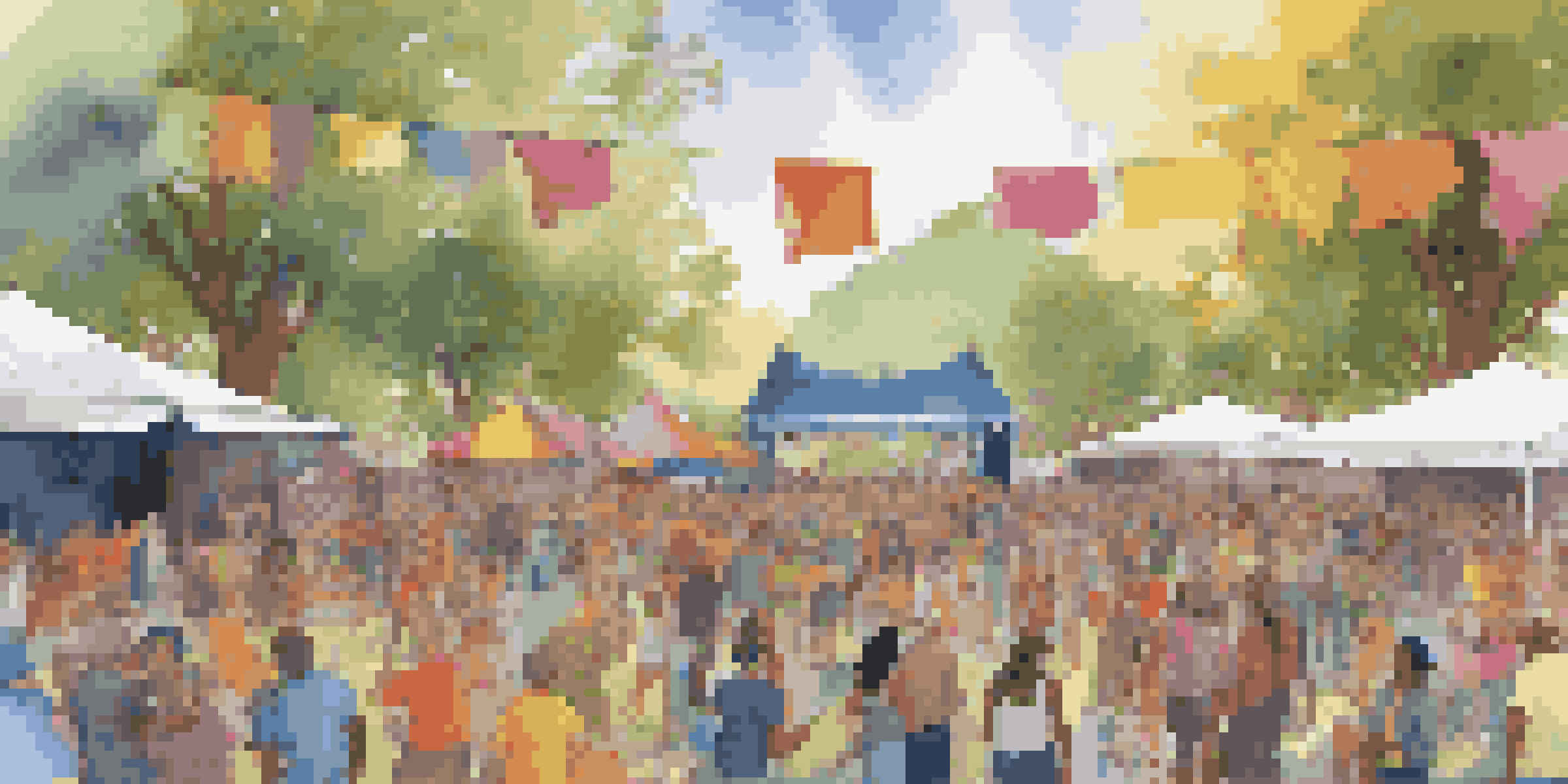 A lively outdoor festival with artists and musicians collaborating, featuring a crowd enjoying live performances and vibrant art.