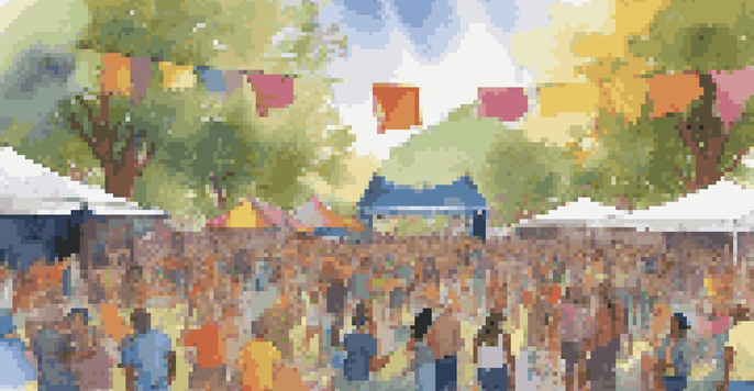 A lively outdoor festival with artists and musicians collaborating, featuring a crowd enjoying live performances and vibrant art.