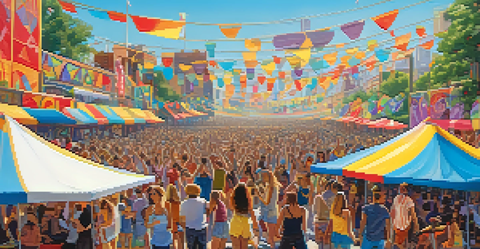 A lively outdoor music festival with diverse young people dancing and enjoying performances under a clear blue sky.