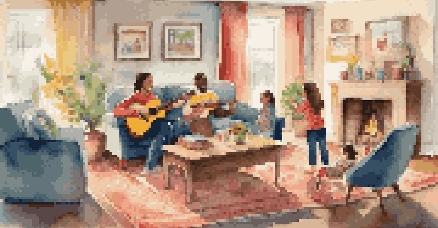 A family enjoying musical playtime in a cozy living room, dancing and clapping together to the rhythm.
