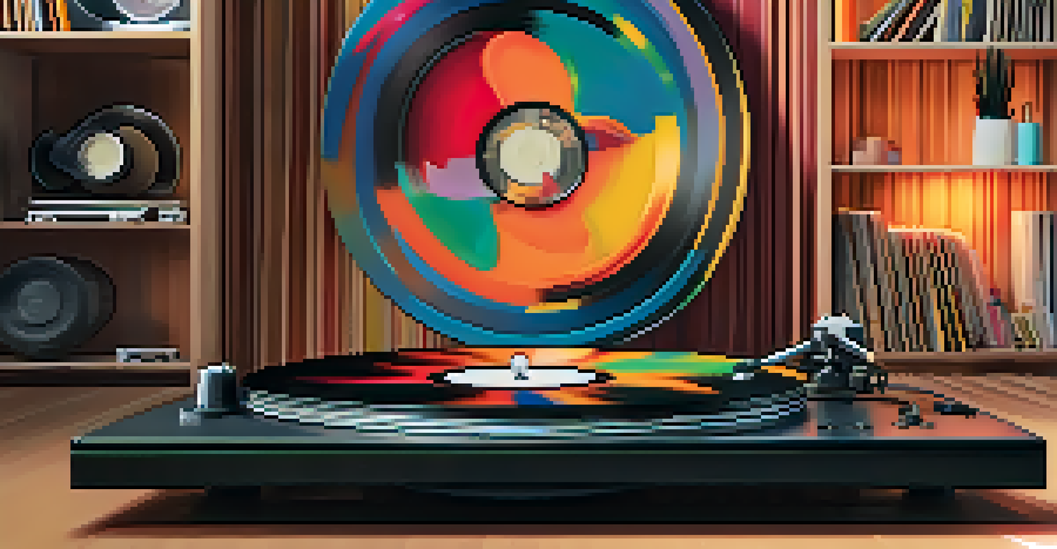 A vinyl record on a turntable with colorful sound waves, set in a retro-styled living room filled with musical posters.