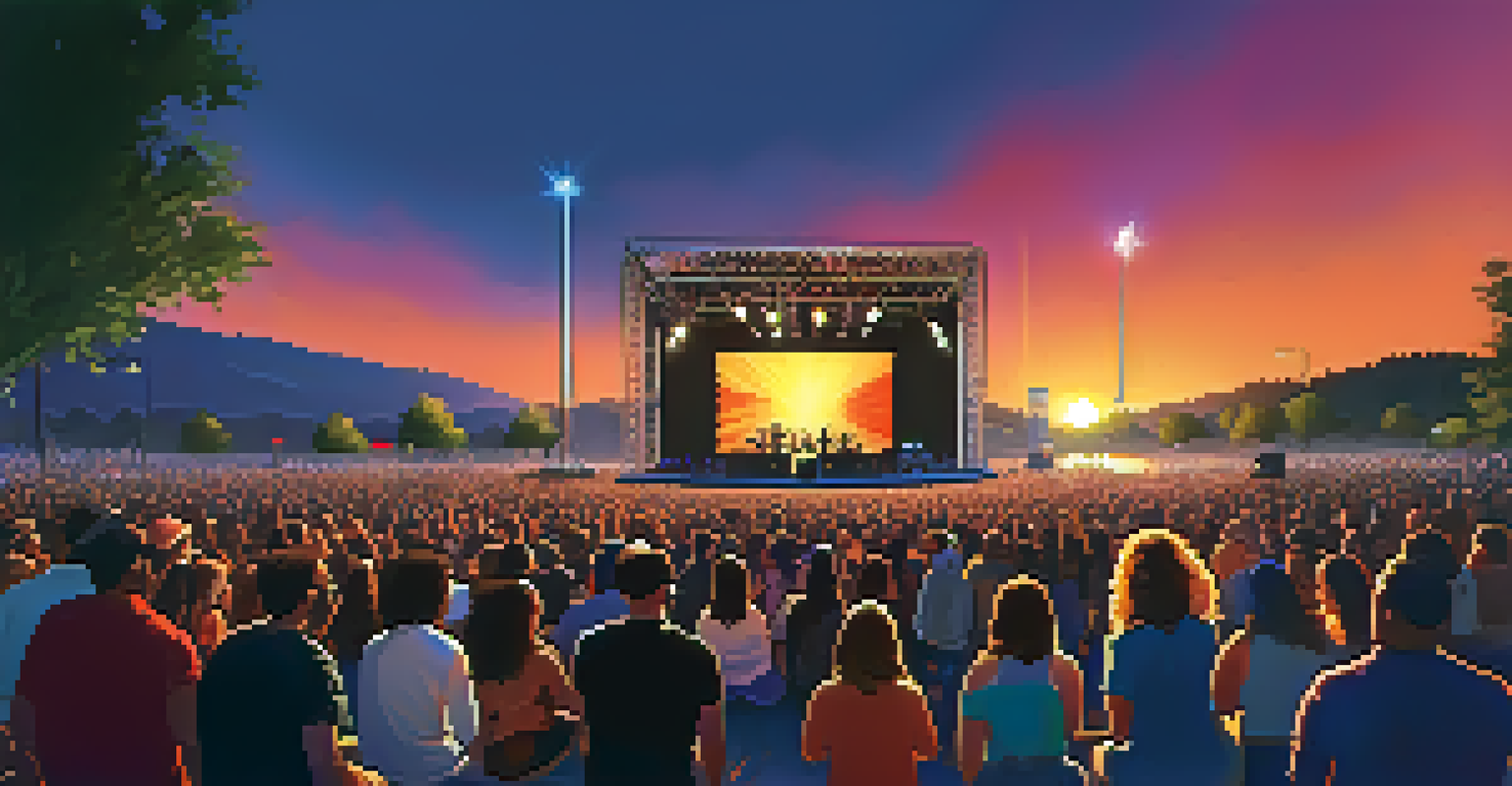 A vibrant outdoor concert scene at sunset with a diverse crowd and artists performing on stage with colorful lights.