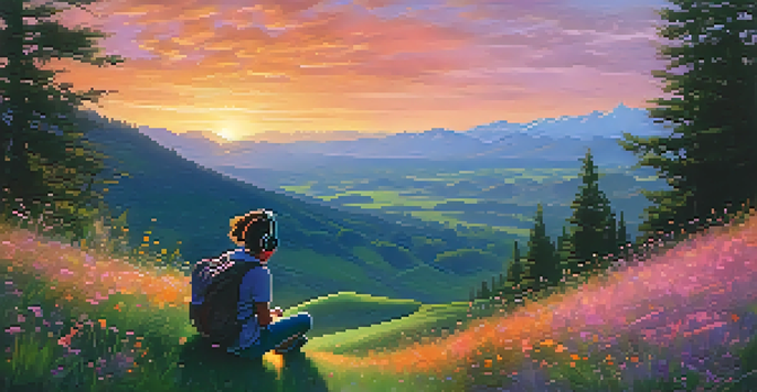 A person sitting on a grassy hill wearing headphones, immersed in music during a colorful sunset.