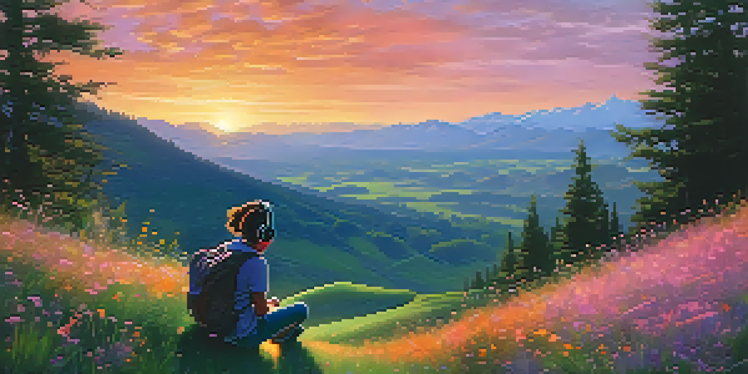 A person sitting on a grassy hill wearing headphones, immersed in music during a colorful sunset.